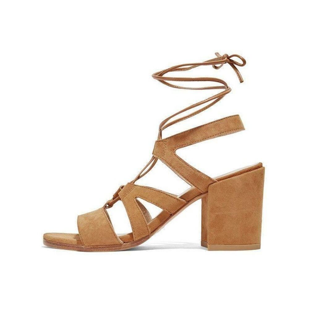 Stuart Weitzman Tie Girl Bingo Brown Suede Summer Sandals Block Heels Size 7.5